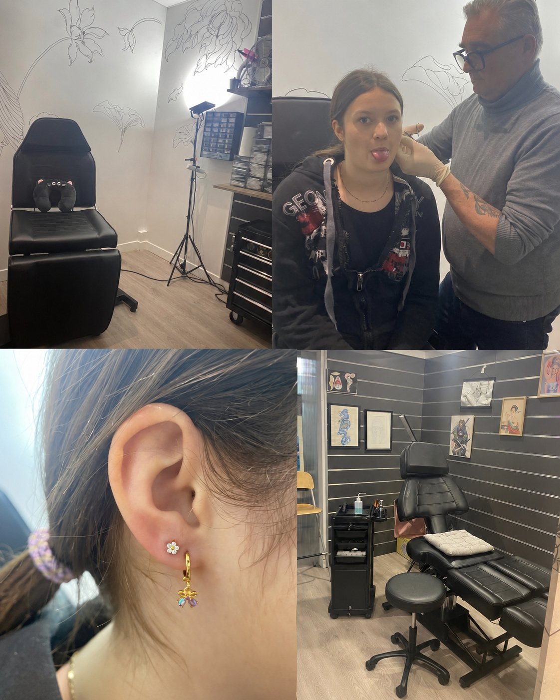 Séance de piercing, bijou posé et espace dédié au salon